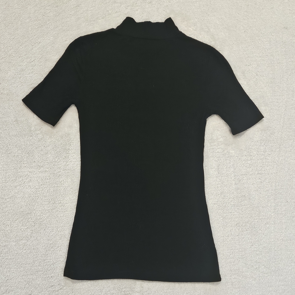 BCBGMAXAZRIA Short Sleeve Black Ribbed Turtleneck Top Minimalist Business Casual - Picture 5 of 5